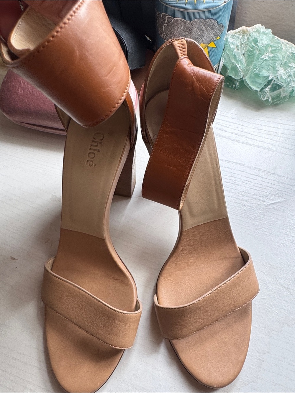 Chloe Tan Leather Block Heel Sandals